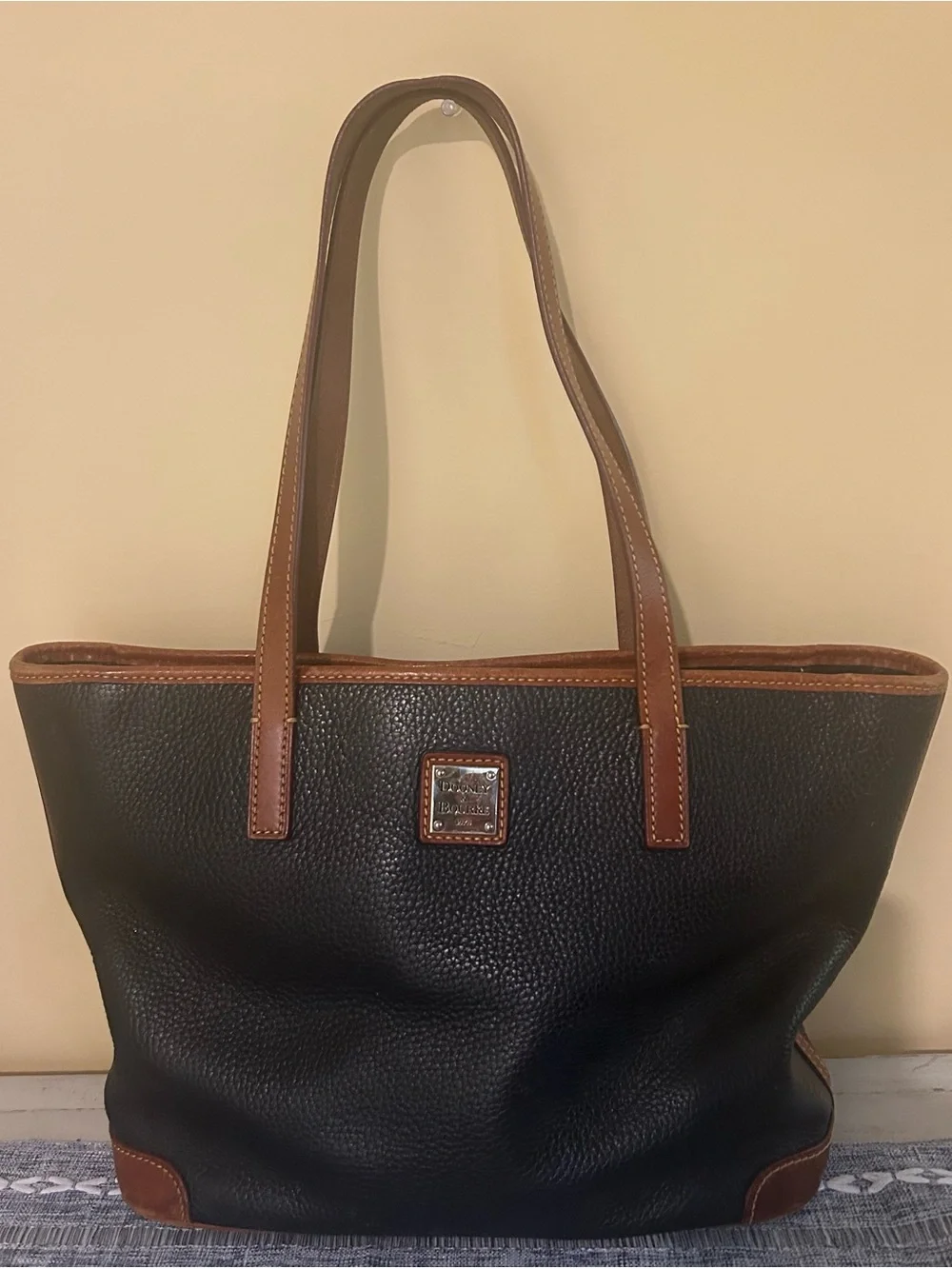 Dooney & Bourke Black Pebbled Leather Shoulder Tote with Brown Trim